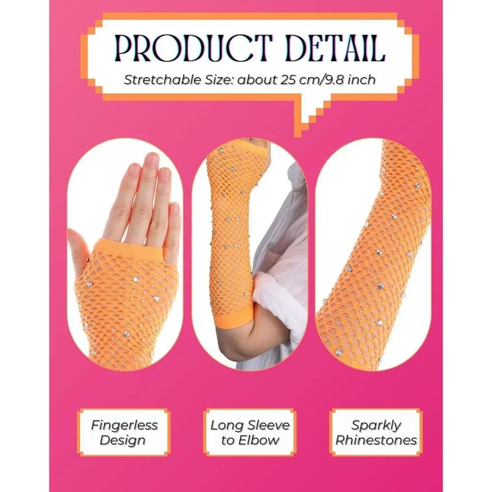 Women's Rhinestone Orange Sparkly Halloween Cosplay Fingerless Long Gloves
